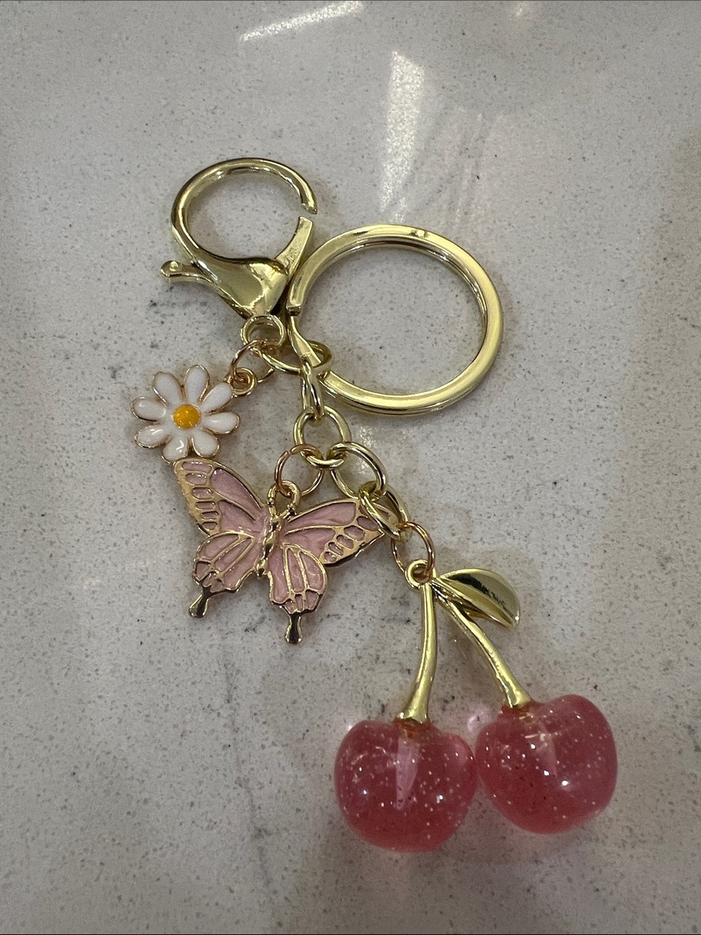 Pink Cherry & Butterfly Keychain / bag charm with Pink Enamel Charms